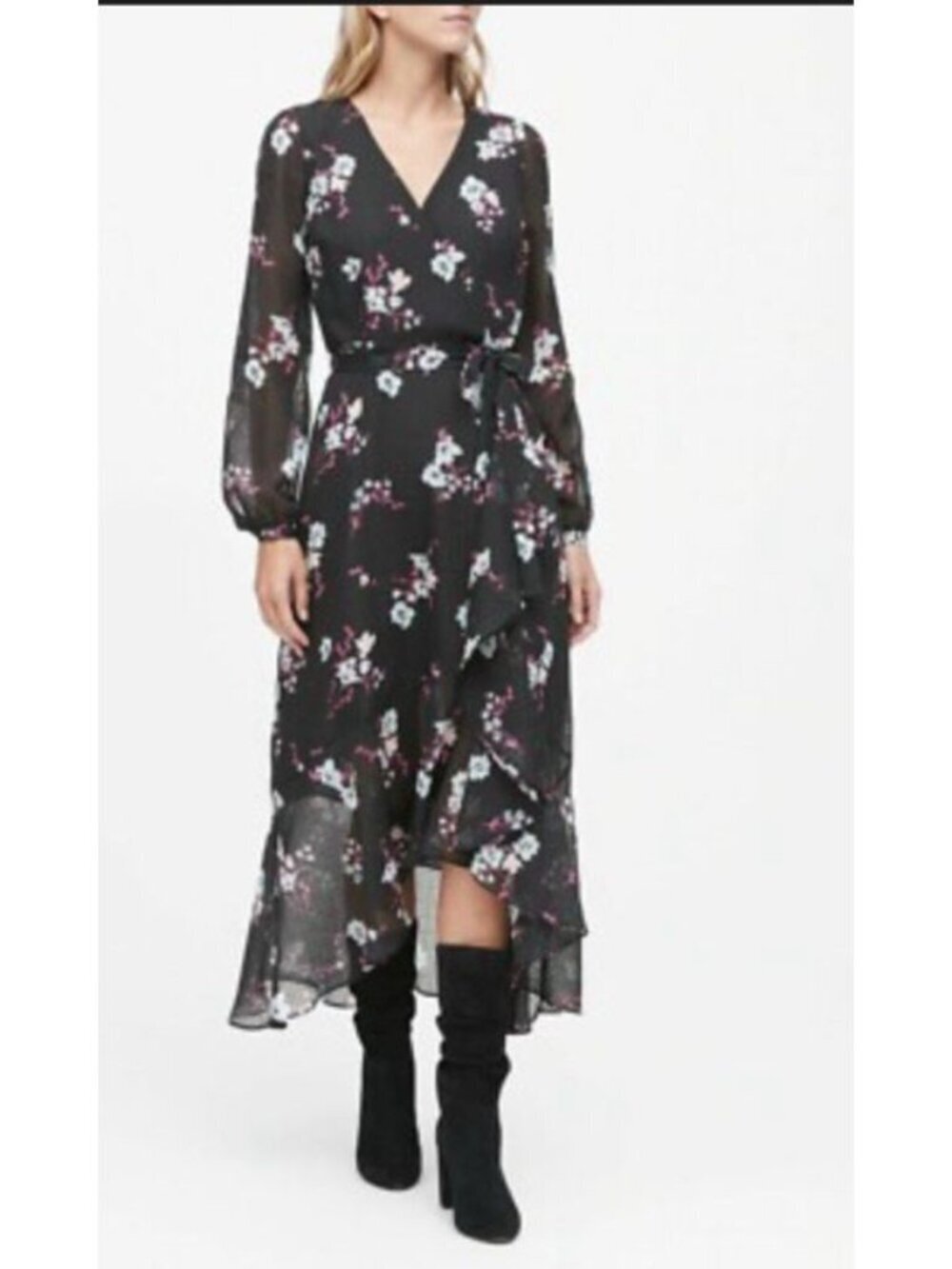 Banana Republic Floral Wrap Dress Black Long Sleeve Ruffle High Low Midi Sz 10P